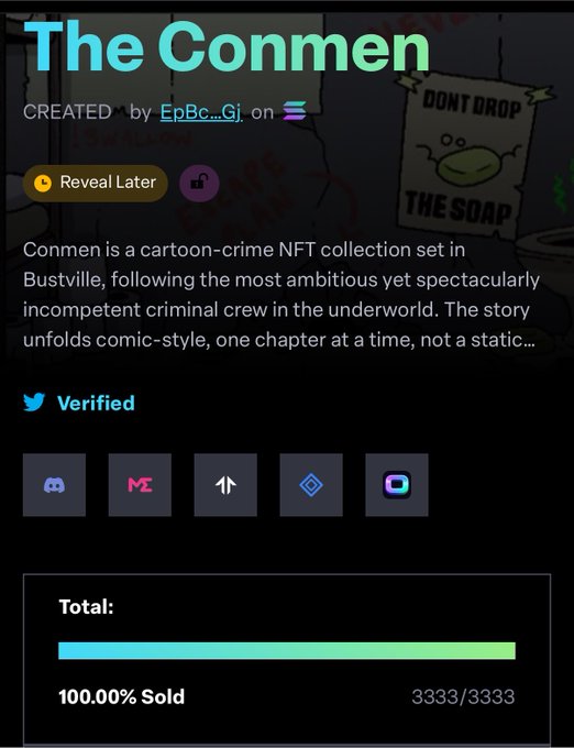 An NFT collection page for 'The Conmen' created by EpBc...Gj, described as a cartoon-crime NFT collection in Bustville, showing it is 100.00% sold out (3333/3333).
