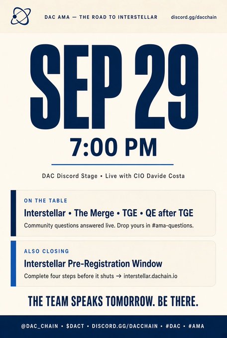 A promotional poster for a DAC AMA event on September 29 at 7:00 PM featuring CIO Davide Costa, with topics including 'Interstellar', 'The Merge', 'TGE', and 'QE after TGE', plus an 'Interstellar Pre-Registration Window' reminder.