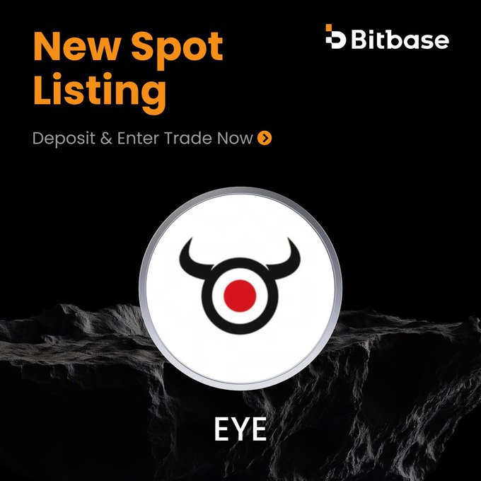 Bitbase exchange announcement for a 'New Spot Listing' featuring a token called 'EYE' with a bull logo.