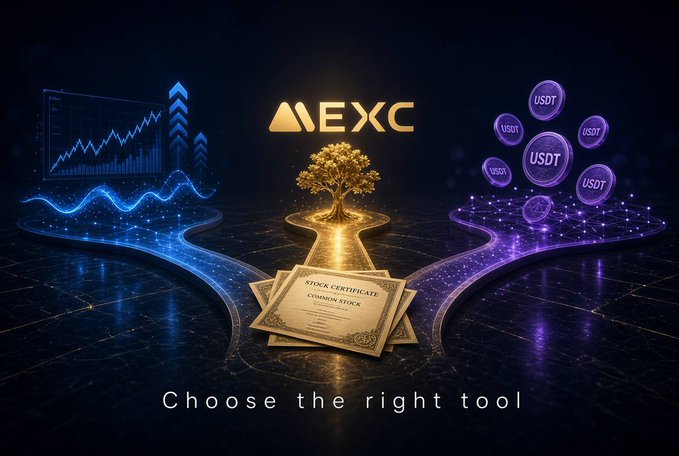An advertisement for MEXC exchange showing a gold tree, USDT tokens, and stock certificates with the text 'Choose the right tool'.