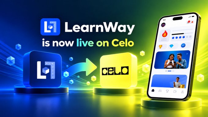 A promotional graphic announcing 'LearnWay is now live on Celo', featuring the LearnWay and Celo logos with an arrow between them and a smartphone displaying the app's interface.