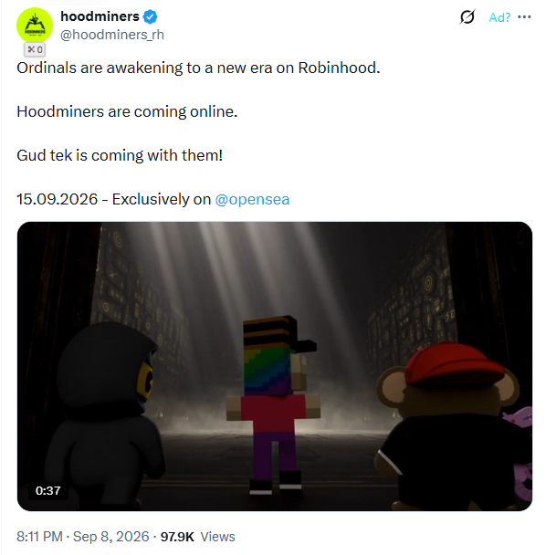 A tweet from @hoodminers announces that hoodminers ordinals are launching on Robinhood via OpenSea on 15.09.2026, accompanied by an animated image of cartoon characters.