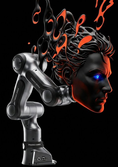 A digital artwork featuring a robotic arm (labeled 'FRANKA EMIKA') holding a sculpted human head with glowing blue eyes and flame-like, swirling hair against a black background.