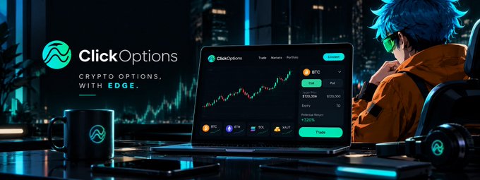 An advertisement for "ClickOptions" crypto options trading platform features a stylized blue-haired character at a desk with a laptop displaying BTC charts.