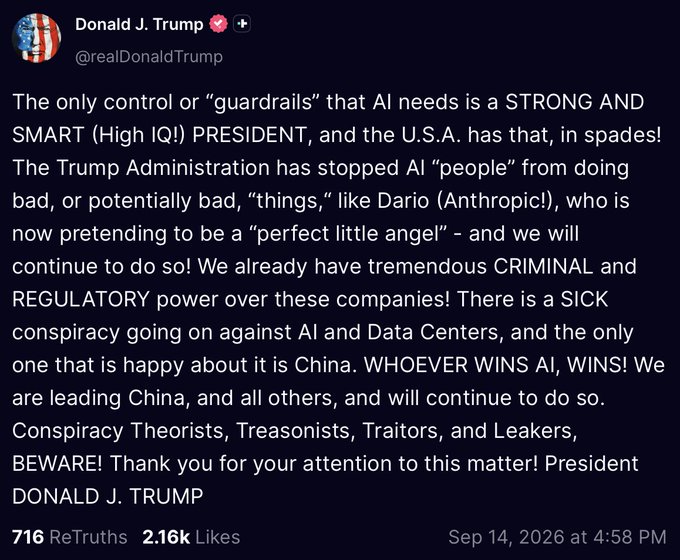 A screenshot of a Truth Social post by Donald J. Trump (@realDonaldTrump) dated Sep 14, 2026, discussing AI, China, and referencing "Dario (Anthropic!)."