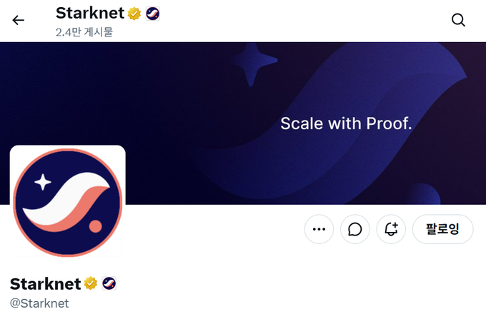 Twitter/X profile page for the verified account 'Starknet' (@Starknet) with 24,000 posts, featuring its moon/wave logo and the tagline 'Scale with Proof.'