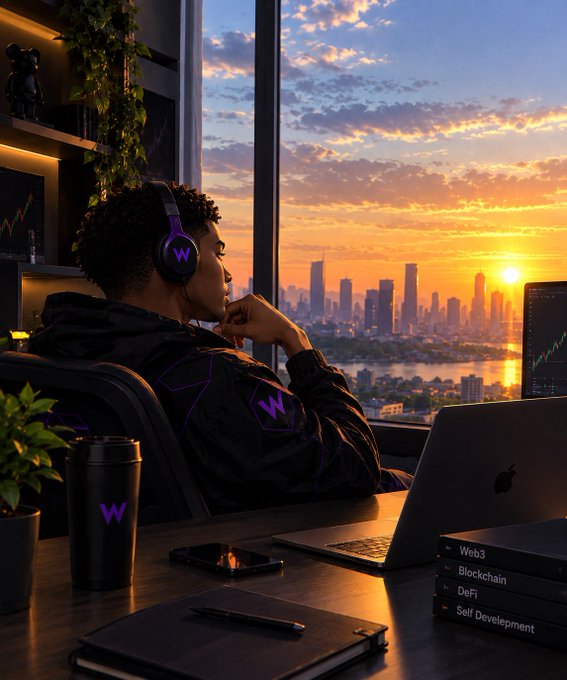 A stylized digital illustration of a person wearing headphones with a purple 'W' logo, sitting at a desk with a laptop, coffee tumbler, and books titled 'Web3', 'Blockchain', 'DeFi', and 'Self Development', looking out over a city skyline at sunset.