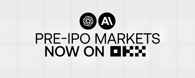 A graphic announcement with a white background displays the OpenAI and OKX logos above the text 'PRE-IPO MARKETS NOW ON OKX'.