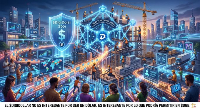 A vibrant digital illustration showing a futuristic cityscape under construction with the '$DigiDollar ($DD)' logo prominently displayed, accompanied by Spanish text reading 'EL $DIGIDOLLAR NO ES INTERESANTE POR SER UN DÓLAR. ES INTERESANTE POR LO QUE PODRÍA PERMITIR EN $DGB.'