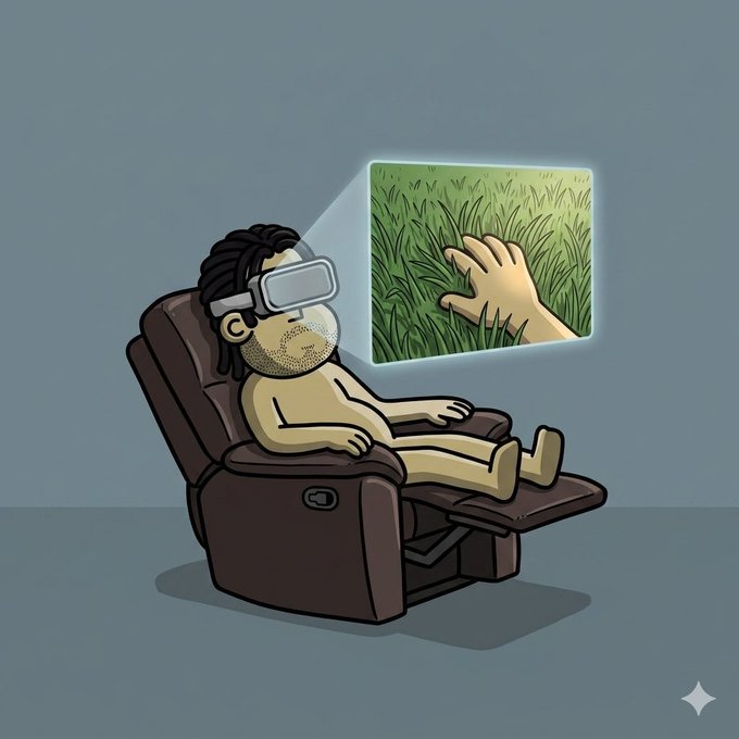 A cartoon illustration of a man wearing a VR headset, sitting relaxed in a recliner chair while a virtual hand touches grass in the displayed scene.