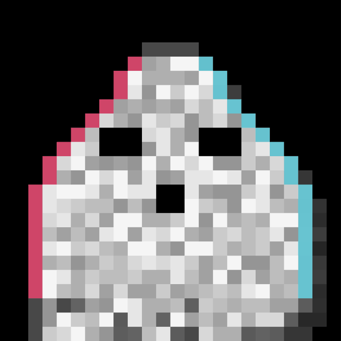 A pixel-art ghost with a rounded body and small rectangular eyes is shown against a black background, featuring a subtle red/cyan anaglyph 3D effect along its edges. The image visually represents the "ghosts" referenced in the post about Tenfin9erz, a collector featured in the "Collector Spotlight."