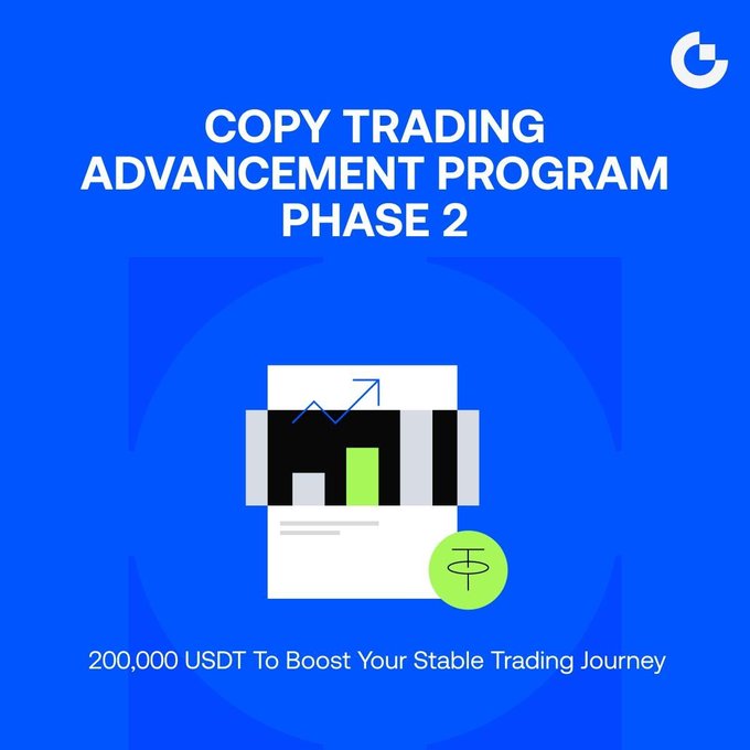 A promotional graphic with a blue background featuring the title "COPY TRADING ADVANCEMENT PROGRAM PHASE 2" and the tagline "200,000 USDT To Boost Your Stable Trading Journey," alongside a document icon displaying bar and line charts with a green USDT coin overlay. The image visually reinforces the post's announcement of a copy trading campaign offering tiered rewards and a 200,000 USDT prize pool.