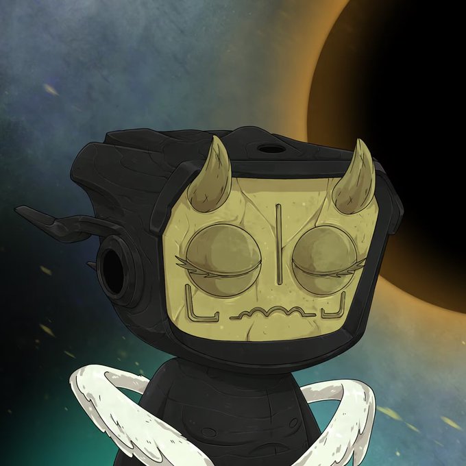 A cartoon illustration of a small black robot character with a yellow face plate, closed eyes, and two small horns, standing against a backdrop of a glowing orange portal or sun.