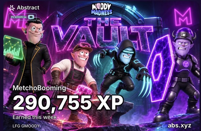 Promotional graphic for 'Moody Madness: THE VAULT' featuring cartoon characters, showing 'MetchoBooming' with 290,755 XP earned this week, branded with Abstract, Platinum III, and abs.xyz logos.
