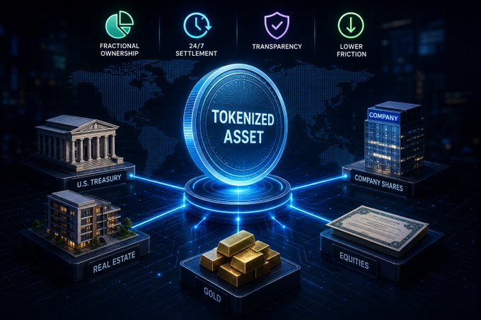 An infographic illustrating a 'Tokenized Asset' at the center, connected to various real-world assets like 'U.S. Treasury,' 'Real Estate,' 'Gold,' 'Equities,' and 'Company Shares,' highlighting features such as fractional ownership, 24/7 settlement, transparency, and lower friction.