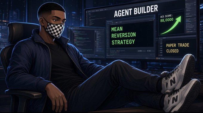 An illustrated scene of a person wearing a checkered mask sitting at multiple computer monitors displaying 'AGENT BUILDER', 'MEAN REVERSION STRATEGY', an 'ACS SCORE: 88,0000' graph, and 'PAPER TRADE CLOSED'.