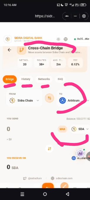 A screenshot of the Sidra Digital Bank app showing the Cross-Chain Bridge feature, with 20 networks, 38+ routes, an average time of 2 minutes, and a 0.12% fee, highlighting the ability to transfer SDA assets from Sidra Chain to Arbitrum. This visual supports the post's announcement of SidraChain's new cross-chain functionality opening on the app.
