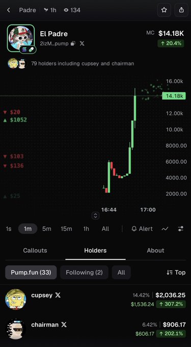 Screenshot of a "Padre" (2izM_pump) token chart on Pumpfun showing a market cap of $14.18K (+20.44%) with the chart rising sharply, and the "Holders" tab displaying that cupsey (14.42%, $2,036.25) and chairman (6.42%, $906.17) together own over 20% of the supply—reinforcing the user's excitement that influential traders holding significant positions justify buying at the elevated price.