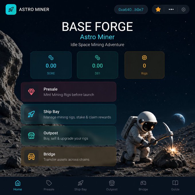 The image shows a screenshot of an Astro Miner game page, with a space theme featuring a person wearing a white helmet and holding a shovel. The game appears to be focused on mining for Presale Rigs before launch, which are valuable items that can be bought and sold in the game. The post also mentions that there is a ship bridge available for use, indicating that players might need to transport their mining equipment between different planets or moons within the game.