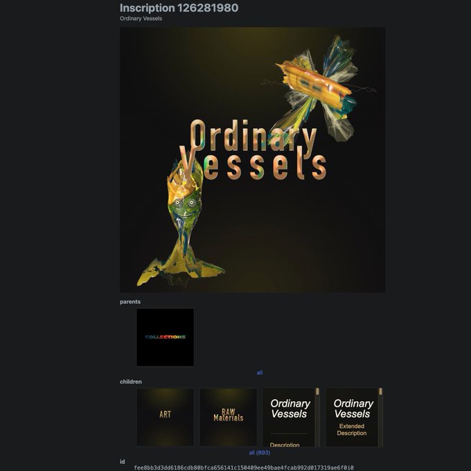 A digital inscription page for "Ordinary Vessels" (#126281980) featuring 3D rendered artwork of a chalice and ornate vessel, with parent collection "COLLECTIONS" and child entries for ART, Raw Materials, and Ordinary Vessels.