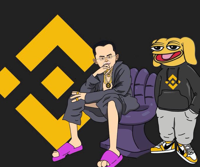 A cartoon illustration featuring a seated figure in a black hoodie and pink slippers next to a dog mascot wearing a Binance-branded hoodie, with a large Binance (BNB) logo in the background.