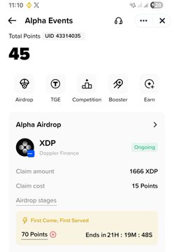The image shows the Binance Alpha Events page featuring an "Alpha Airdrop" for XDP (Doppler Finance), where 15 Points are required to claim 1,666 XDP, with 70 Points needed and the offer ending in 21H:19M:48S. This visually confirms the post's claim of receiving 1,666 XDP through a 15-Point airdrop on Binance Alpha.
