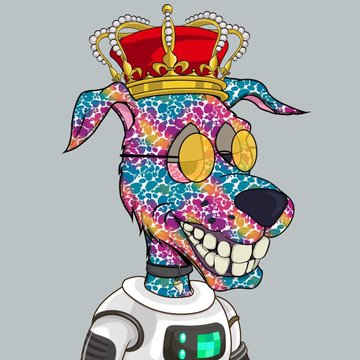 A stylized digital illustration features a dog wearing a jeweled crown and yellow sunglasses with a colorful floral/galaxy pattern, sitting in front of a small robot.