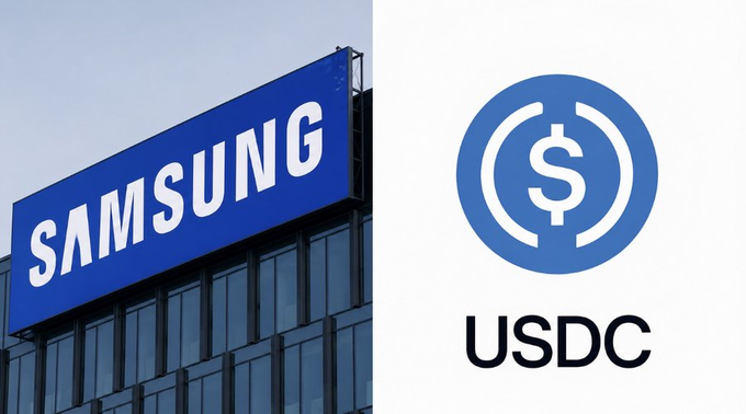Samsung Wallet is adding support for USDC, enabling over a billion Galaxy users to store, send, and receive the stablecoin. The image shows the Samsung logo alongside the USDC logo.
