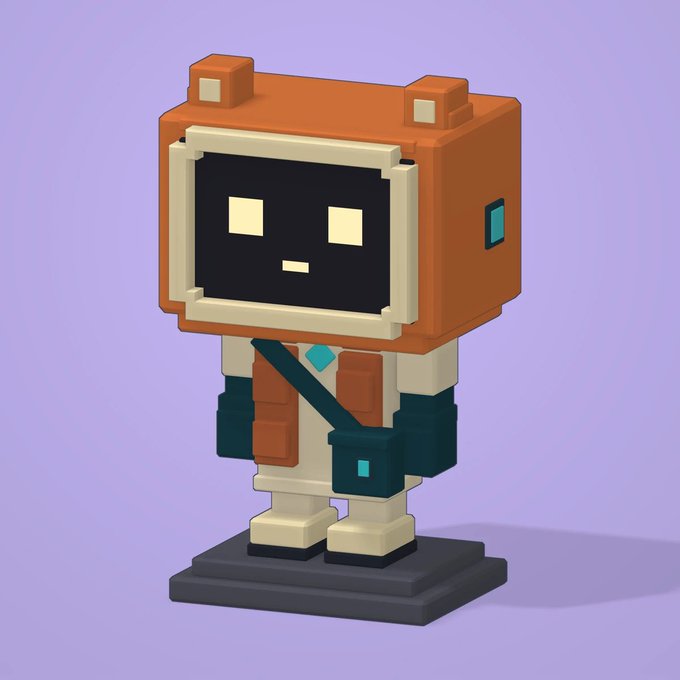 A 3D rendered, voxel-style robot character with an orange cube-shaped head, a digital face displaying simple eyes and mouth, wearing an orange utility vest and a blue crossbody bag, standing on a gray base against a purple background.