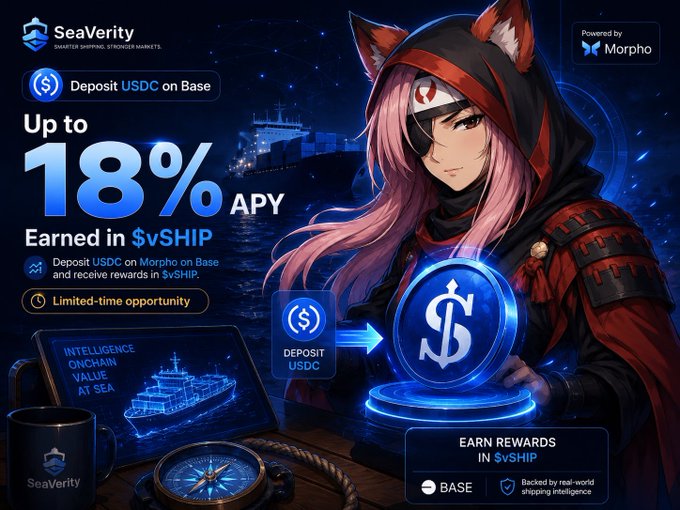 An advertisement for 'SeaVerity' shows an anime-style fox character in samurai armor promoting an 'Up to 18% APY' return for depositing USDC on Base, powered by Morpho.