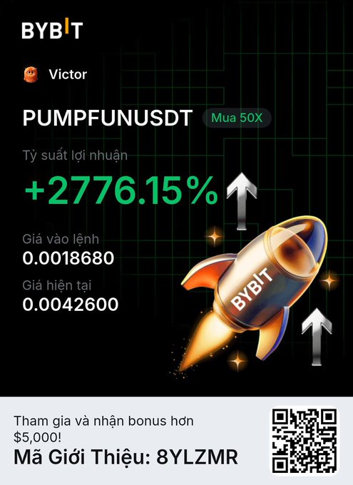 The image shows a Bybit promotional graphic highlighting a user's PUMPFUNUSDT long position with a 50X leverage, boasting an impressive +2776.15% profit (entry at 0.0018680, current price 0.0042600), along with a referral code "8YLZMR" offering up to $5,000 in bonuses. It serves as a bullish visual testament to the post's claim that altcoin season has arrived, showcasing an extraordinary gain on an altcoin trade as proof of the ongoing market momentum.