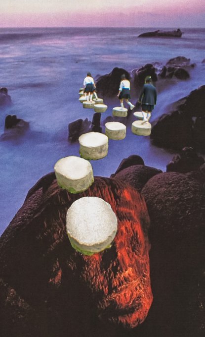 Three young figures carefully traverse a series of pale, disc-shaped stepping stones that appear to float across a dreamlike purple sea at twilight, with rugged rocks glowing red in the foreground. The whimsical, surreal composition evokes the contemplative balance required to "kick it" — navigating one's path with confidence and poise — much like the precarious yet graceful journey depicted in the artwork, available on Networked Art.