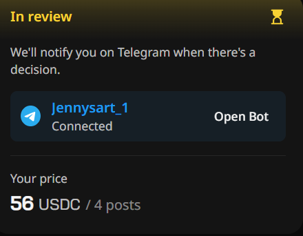 The image shows a screenshot of an advertisement or review that takes place within an app or social media platform. It appears to be on a messaging service like WhatsApp, as there's a chat bubble indicating a conversation taking place. The focus of this message is related to an open bot account named "JennyArt". 

The post discusses pricing for the bot account and the services offered by Wallchain. There are two types of posts posted: the one in the image, which features a screenshot of the messaging app screen with the message written on it, and another post about JennyArt's pricing or services that is not visible in this particular message.