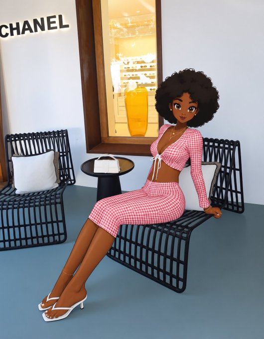 A 3D animated-style illustration of a woman with dark curly hair wearing a pink and white checkered crop top and matching skirt with white heels, seated on a black wire chair next to a display window labeled 'CHANEL'.