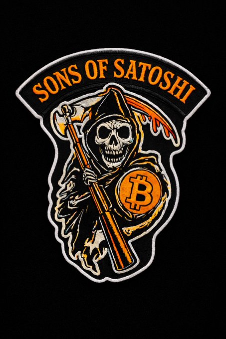 An embroidered patch displays a grim reaper figure clutching a scythe and a Bitcoin-emblazoned shield, with the banner "SONS OF SATOSHI" arched above. The skeletal grim reaper embodies the post's defiant message of facing mortality head-on with the boldness of a crypto believer.