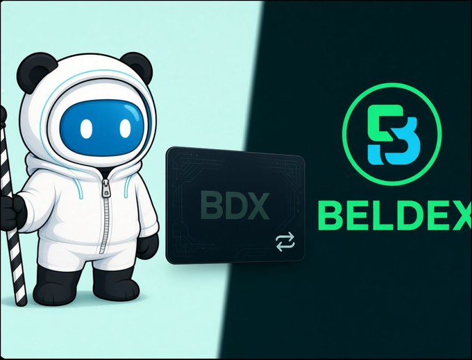 A promotional graphic featuring a cartoon astronaut panda character holding a striped staff next to a "BDX" token card and the green "BELDEX" logo with its stylized "B" symbol.