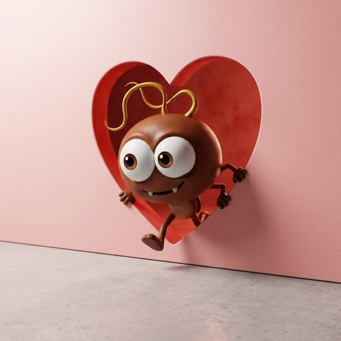 A 3D rendered cartoon bug-like character with large eyes, small fangs, and curly antennae peeks out from a heart-shaped cutout in a pink wall.