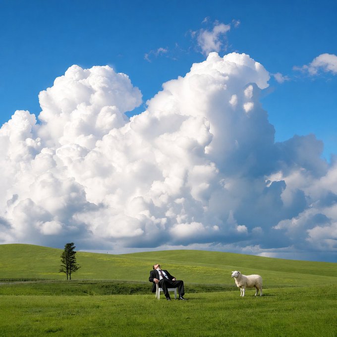 The image features a man sitting on a bench in a grassy field, with a sheep standing nearby. The sky above them is filled with clouds, creating an atmospheric setting for this scene. In the background of the photo, there are trees visible, adding depth and context to the landscape. The post that accompanies the image reads: "gn man reserve price 0.3561 eth @TransientLabs". This text seems unrelated to the main subject matter but could be a reference or description related to the man sitting on the bench in the field with the sheep nearby.