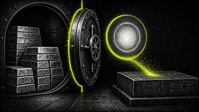 An AI-generated illustration depicts an open metal vault revealing stacks of silver bricks, with a glowing yellow-green moon-like orb pouring light onto a stone pedestal inscribed with mysterious symbols.