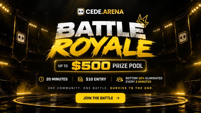 A promotional banner for 'CEDE.ARENA BATTLE ROYALE' featuring up to $500 prize pool, 20-minute duration, $10 entry, with the bottom 10% eliminated every 2 minutes, and a 'JOIN THE BATTLE' call-to-action button.