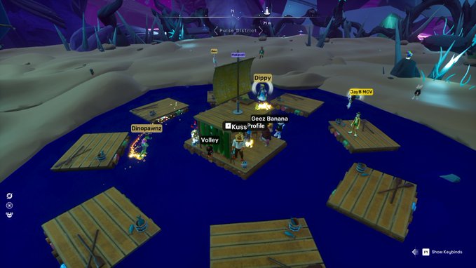 A screenshot from the video game Roblox shows players on wooden raft structures over water, with usernames including 'Dinopawz', 'Volley', 'Bippy', 'Geez Banana', 'Kuss_Profile', and 'Jay9 MCV' visible above their characters.