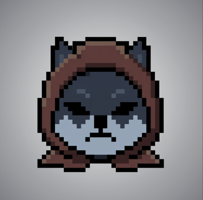 Pixel art illustration of a cat character wearing a red and blue aviator-style hood or helmet with an angry expression.
