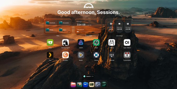 A computer desktop interface displaying a greeting 'Good afternoon, Sessions,' showing storage usage of 334 GB out of 2.00 TB and various file folders and app icons including Plex, Jellyfin, Scrutiny, and Transmission.