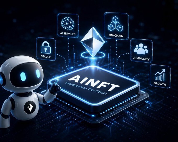 A digital graphic featuring a small robot next to a glowing chip labeled 'AINFT Intelligence On-Chain', surrounded by icons for AI Services, On-Chain, Community, Growth, and Secure.