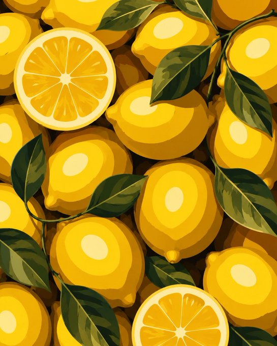 A colorful illustration of many bright yellow lemons with green leaves, including two halved lemons showing their inner segments.