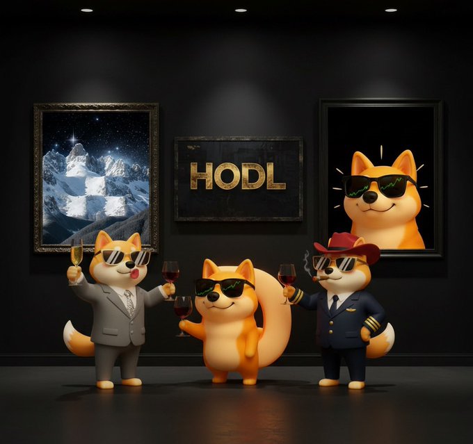Three anthropomorphic Shiba Inu dogs wearing sunglasses and business attire toast with wine glasses in a dark gallery setting, with a "HODL" sign displayed on the wall between framed mountain artwork and a portrait of a cool dog wearing sunglasses—visually representing the confident, celebratory tone of the $Dogshit BSC launch announcement while incorporating the classic "HODL" crypto meme.