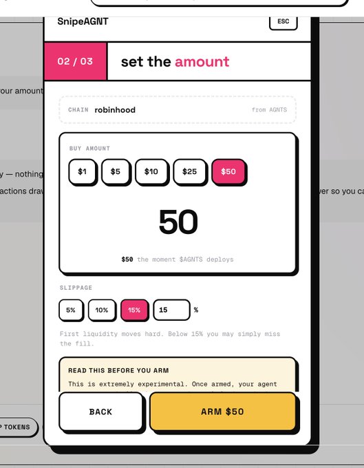 A SnipeAGNT interface showing a 'set the amount' step (02/03) on the Robinheunis chain, with a buy amount of $50 selected and 15% slippage selected, along with a warning that below 15% you may simply miss the fill.