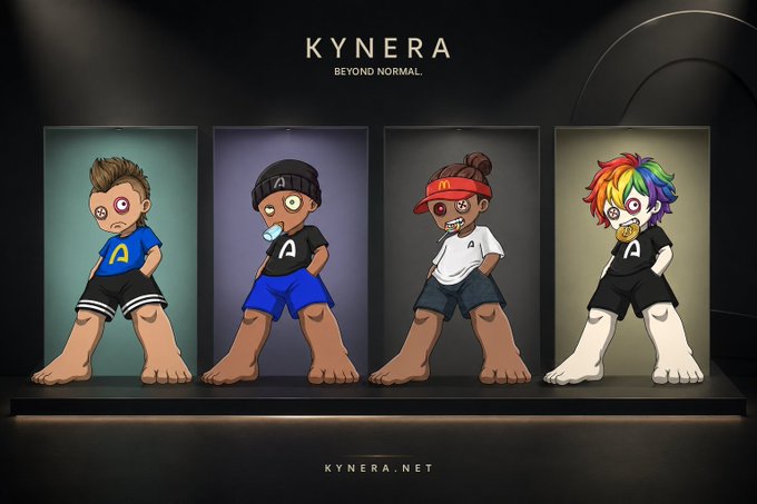 Promotional image for the Kynera NFT collection, displaying four "Genesis Kynari" PFP characters with distinct designs, with the text "KYNERA - BEYOND NORMAL" at the top and "KYNERA.NET" at the bottom.