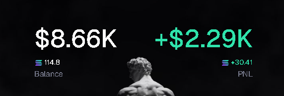 A trading display showing a Solana portfolio balance of 114.8 ($8.66K) with a PNL of +30.41 (+$2.29K), featuring a classical statue background.