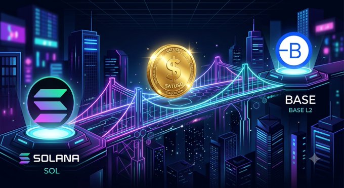 A neon cyberpunk-style graphic illustration showing the Solana and Base L2 logos connected by a glowing bridge, with a golden 'SATUSO' coin in the center.